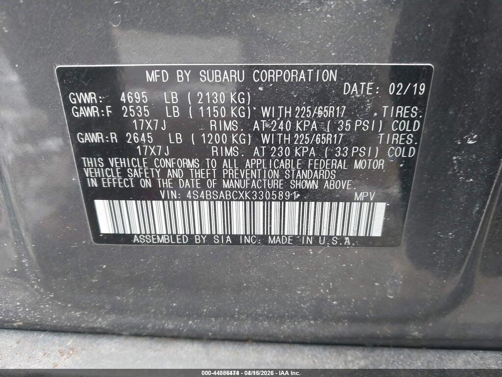4S4BSABCXK3305891 2019 SUBARU OUTBACK photo no. 9