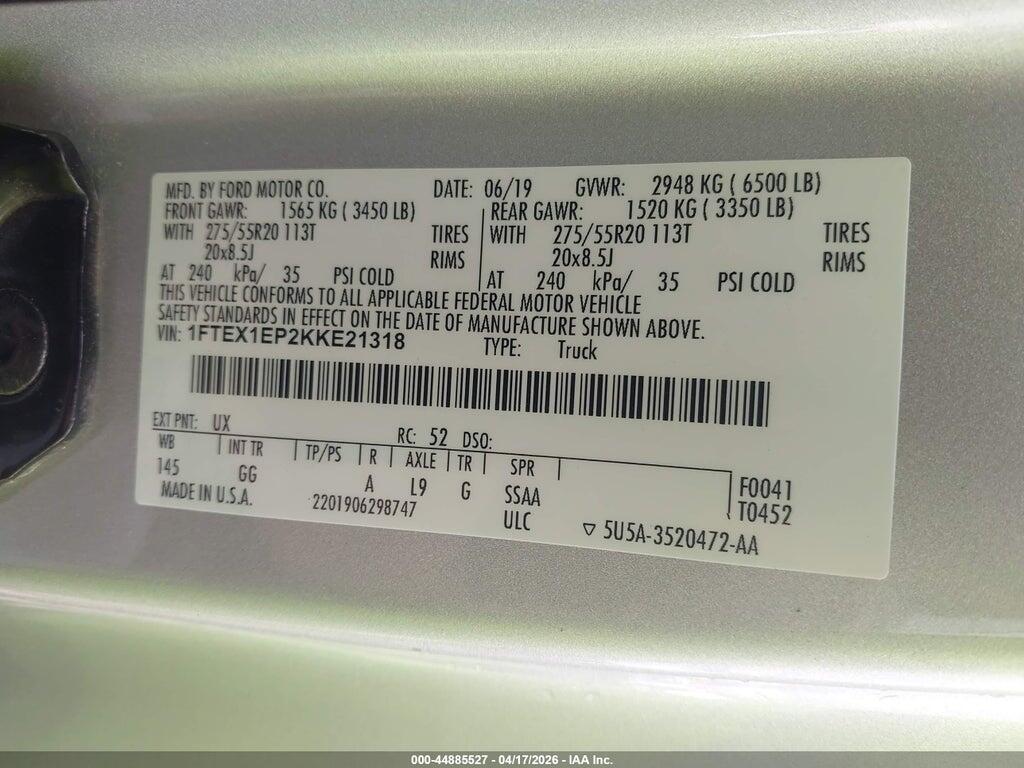 1FTEX1EP2KKE21318 2019 FORD F-150 photo no. 9