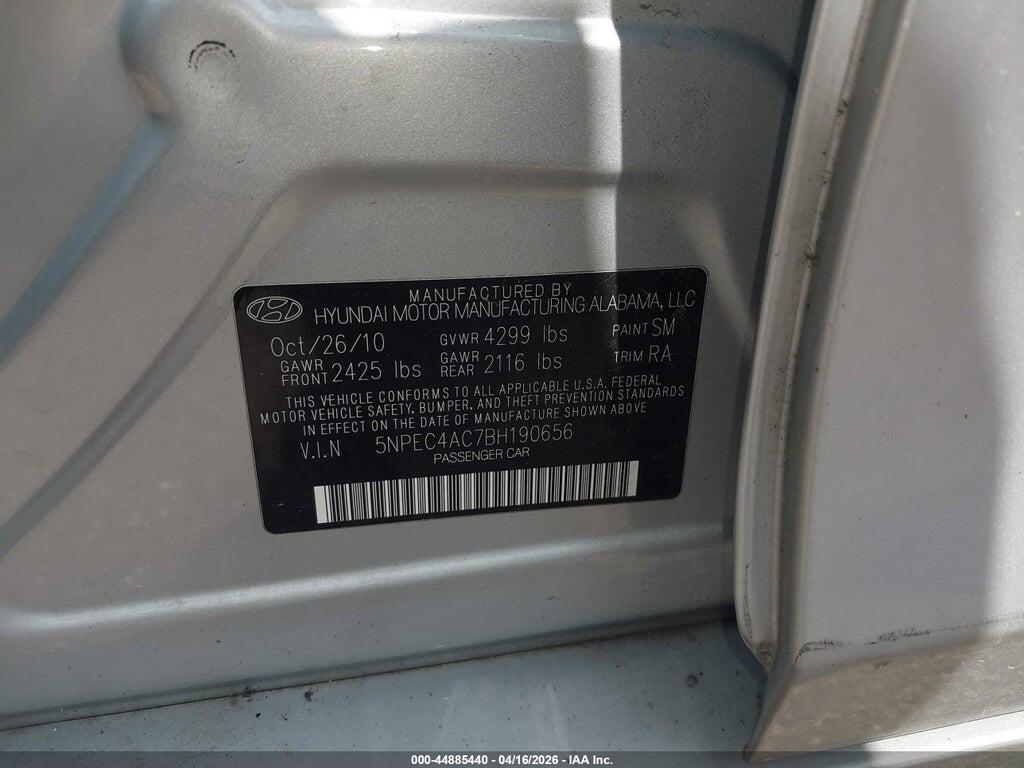5NPEC4AC7BH190656 2011 HYUNDAI SONATA photo no. 9