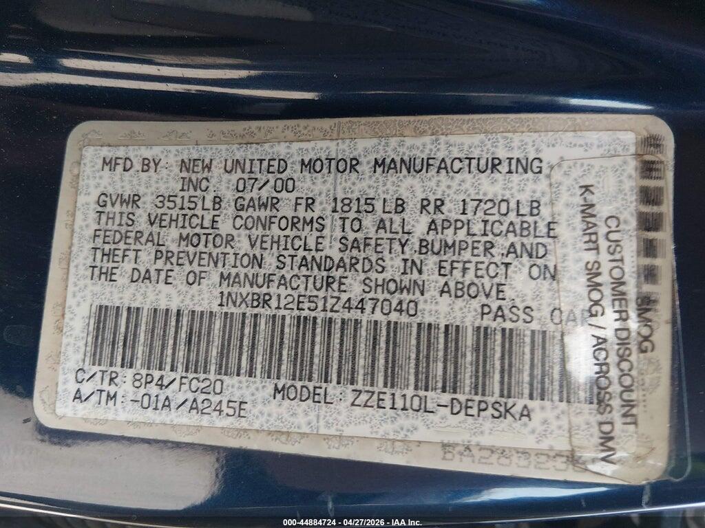 1NXBR12E51Z447040 2001 TOYOTA COROLLA photo no. 9