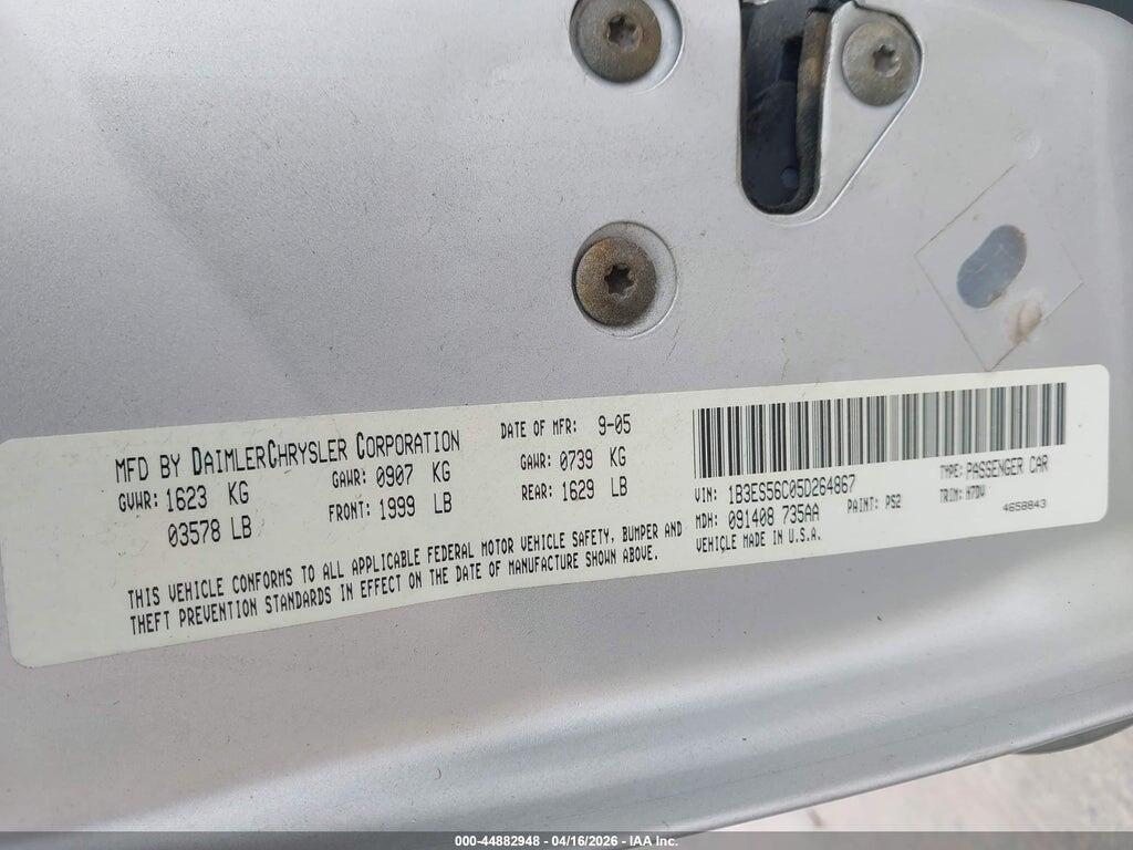 1B3ES56C05D264867 2005 DODGE NEON photo no. 9