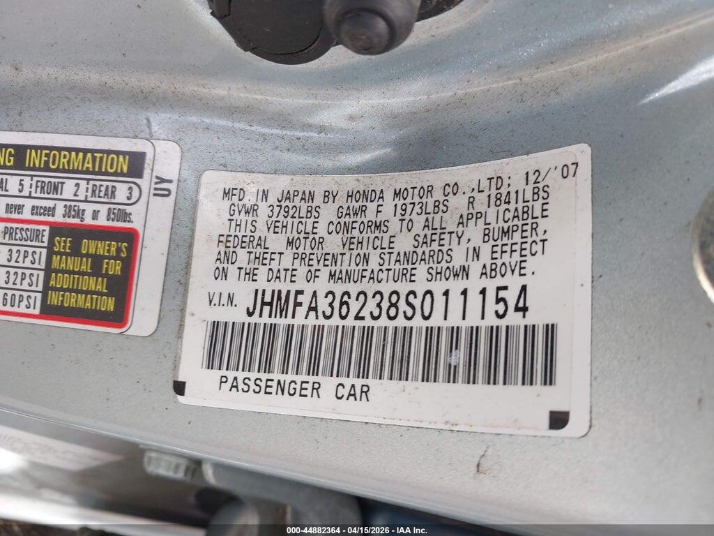 JHMFA36238S011154 2008 HONDA CIVIC HYBRID photo no. 9