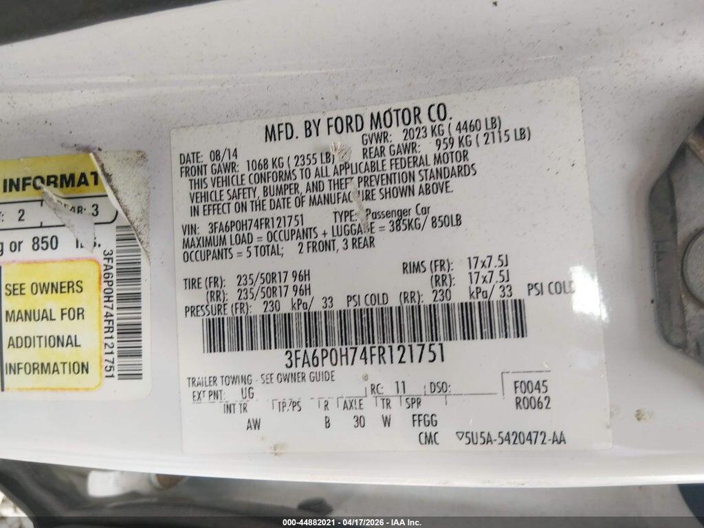 3FA6P0H74FR121751 2015 FORD FUSION photo no. 9