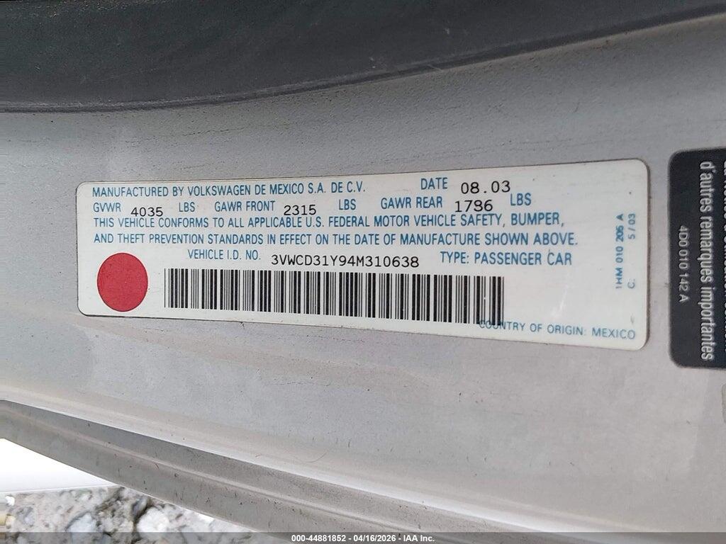 3VWCD31Y94M310638 2004 VOLKSWAGEN NEW BEETLE photo no. 9