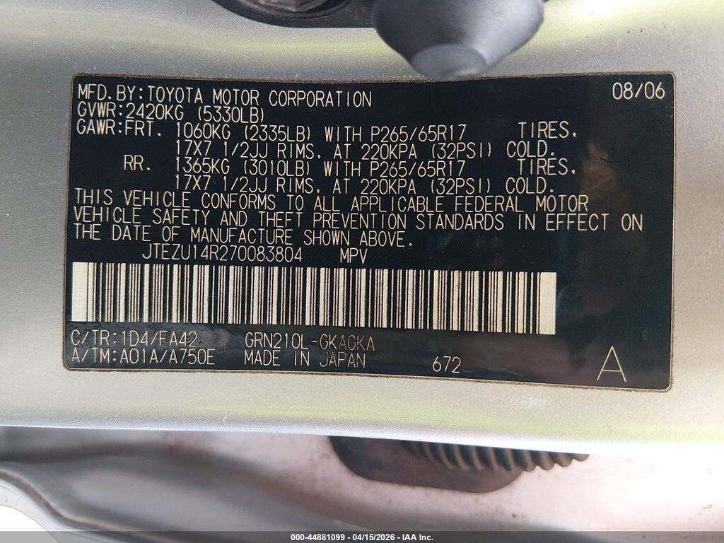 JTEZU14R270083804 2007 TOYOTA 4RUNNER photo no. 9