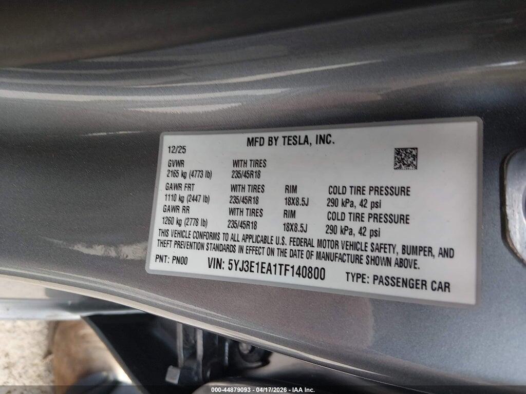5YJ3E1EA1TF140800 2026 TESLA MODEL 3 photo no. 9