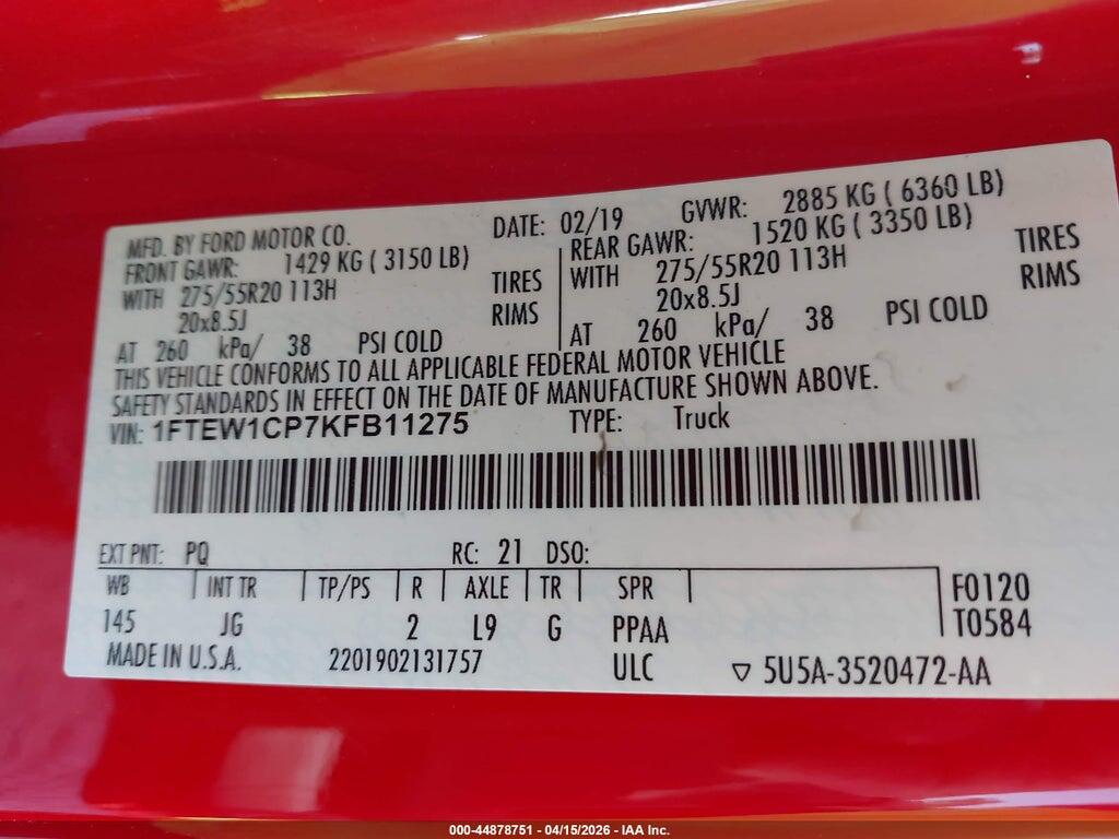 1FTEW1CP7KFB11275 2019 FORD F-150 photo no. 9