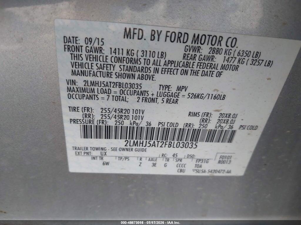 2LMHJ5AT2FBL03035 2015 LINCOLN MKT photo no. 9