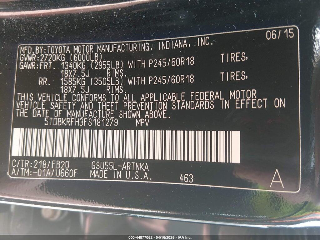 5TDBKRFH3FS181279 2015 TOYOTA HIGHLANDER photo no. 9