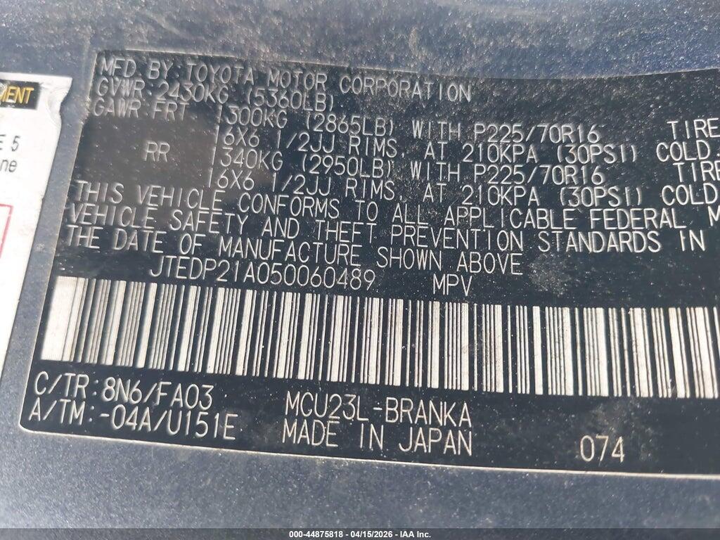 JTEDP21A050060489 2005 TOYOTA HIGHLANDER photo no. 9