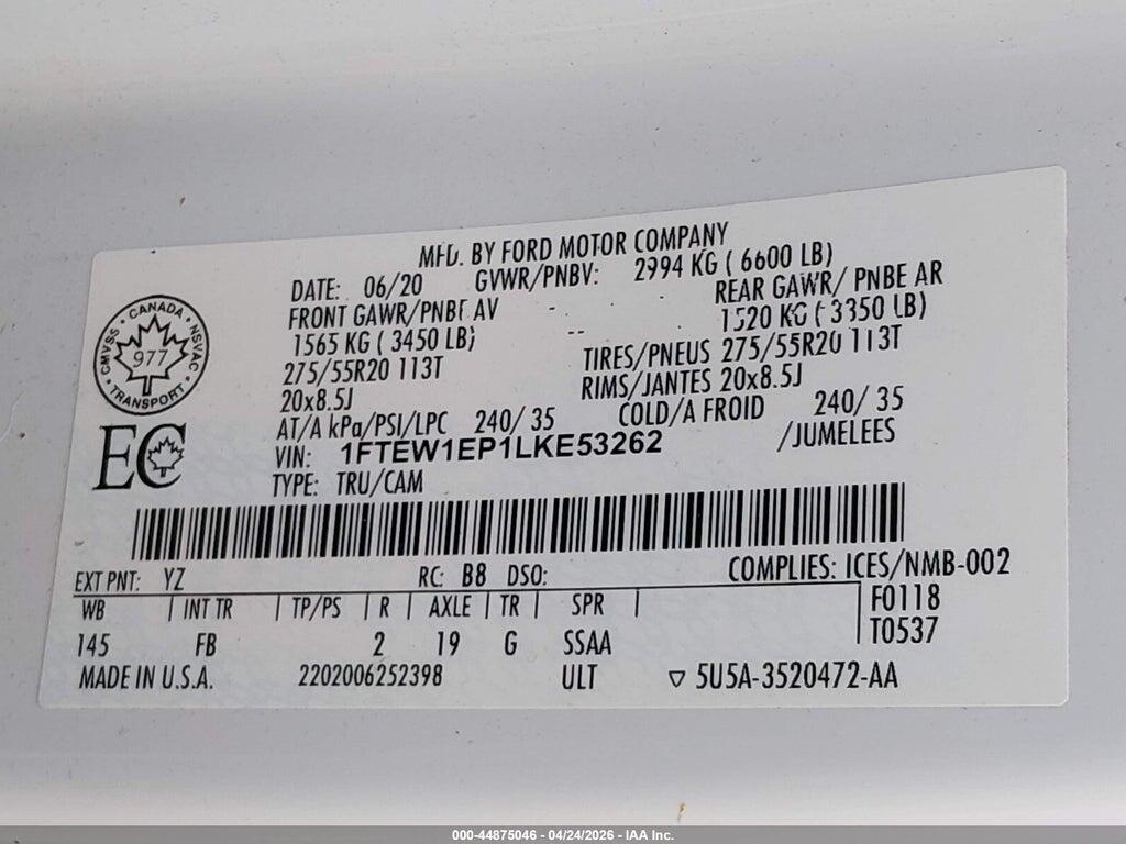 1FTEW1EP1LKE53262 2020 FORD F-150 photo no. 9