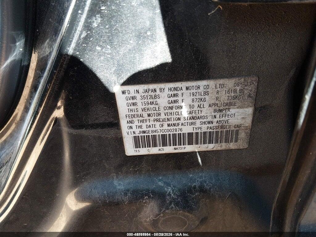 JHMGE8H57CC002876 2012 HONDA FIT photo no. 9