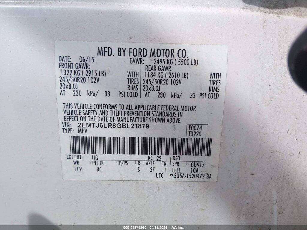 2LMTJ6LR8GBL21879 2016 LINCOLN MKX photo no. 9