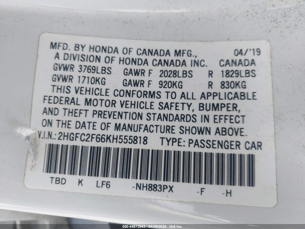 2HGFC2F66KH555818 2019 HONDA CIVIC photo no. 9