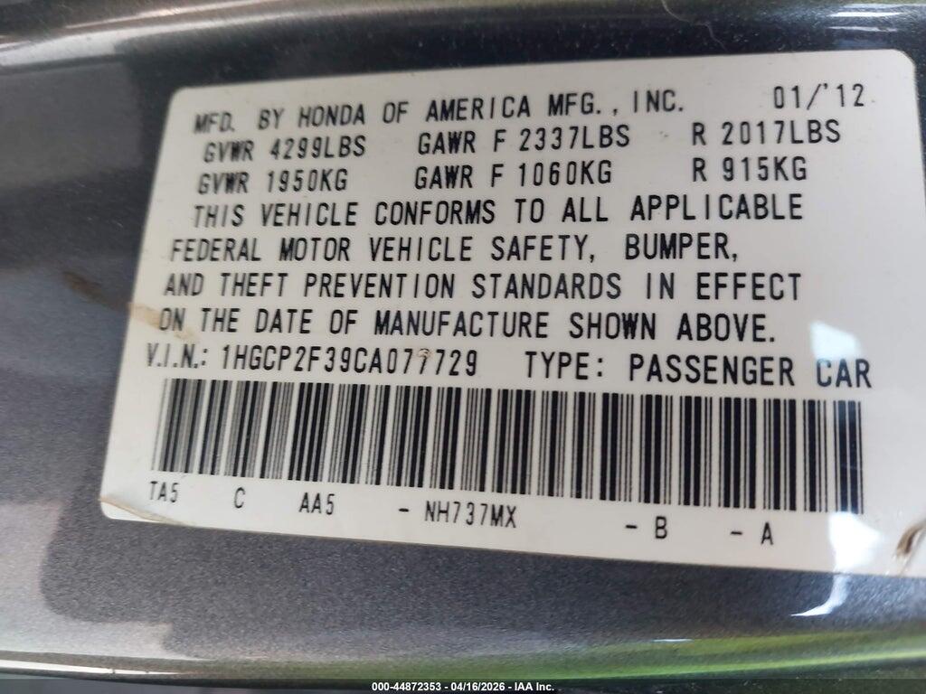 1HGCP2F39CA077729 2012 HONDA ACCORD photo no. 9