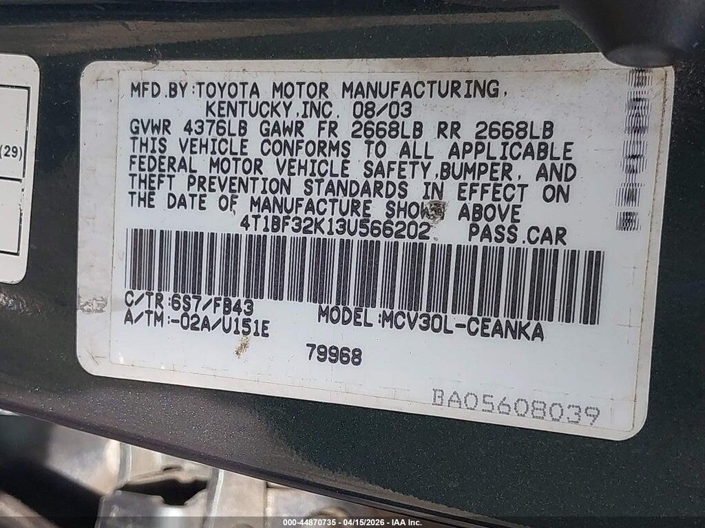 4T1BF32K13U566202 2003 TOYOTA CAMRY photo no. 9