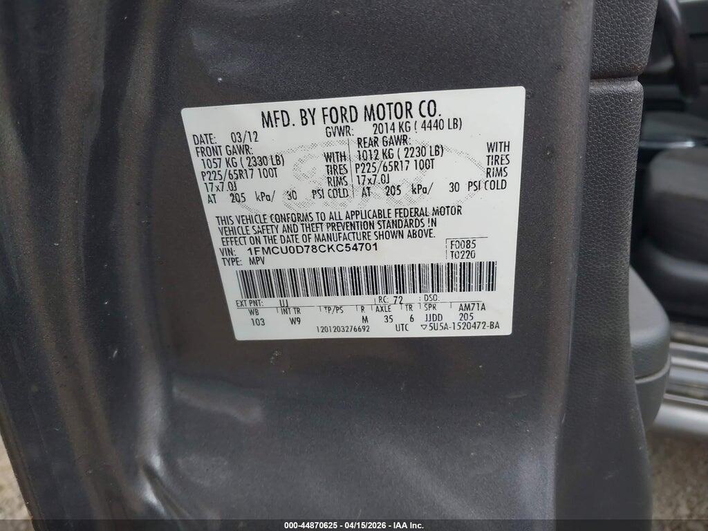 1FMCU0D78CKC54701 2012 FORD ESCAPE photo no. 9