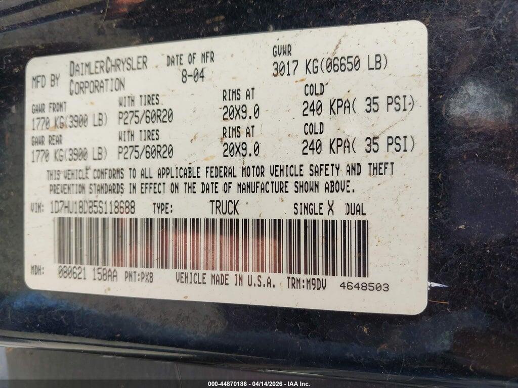 1D7HU18D85S118688 2005 DODGE RAM 1500 photo no. 9