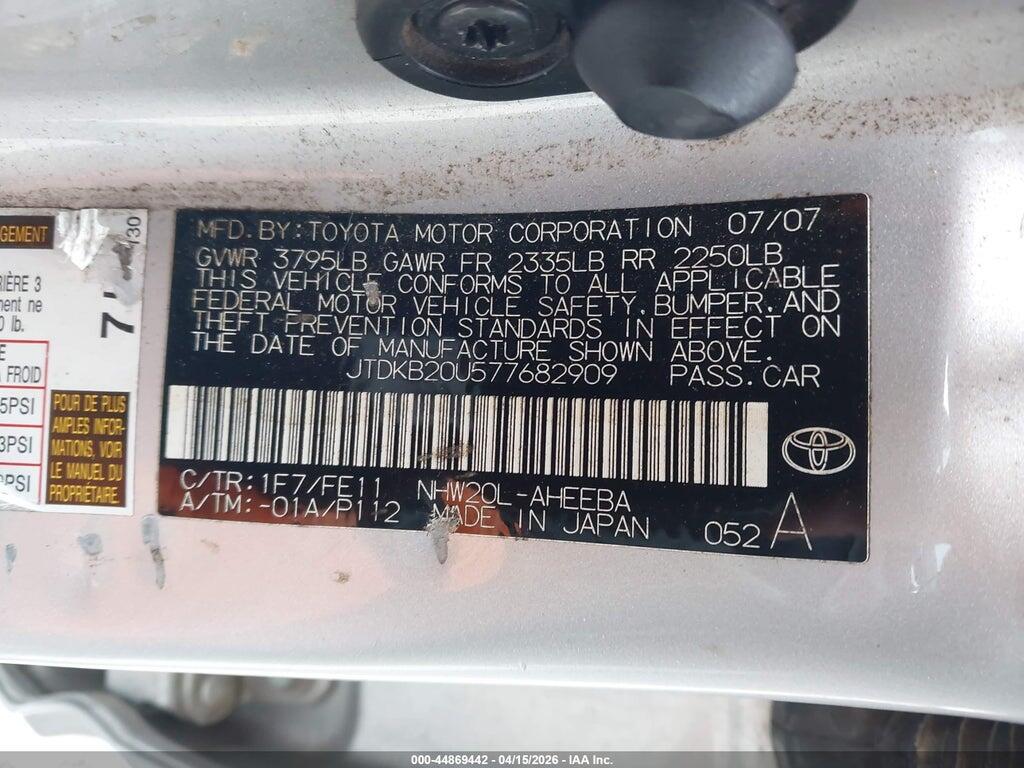 JTDKB20U577682909 2007 TOYOTA PRIUS photo no. 9