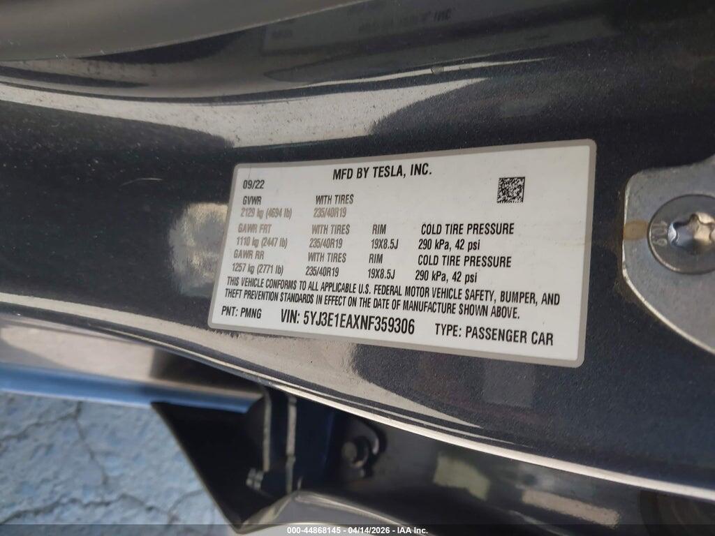 5YJ3E1EAXNF359306 2022 TESLA MODEL 3 photo no. 8