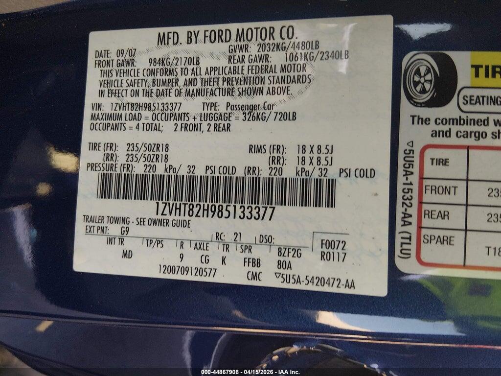 1ZVHT82H985133377 2008 FORD MUSTANG photo no. 9