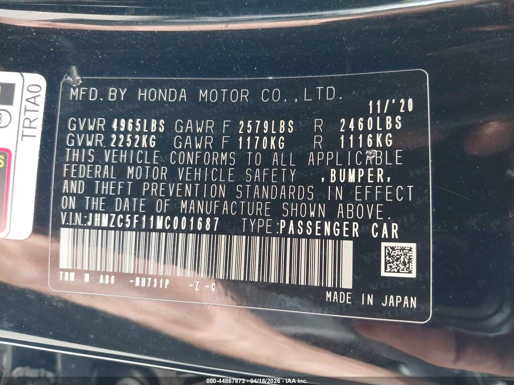 JHMZC5F11MC001687 2021 HONDA CLARITY PLUG-IN HYBRID photo no. 9