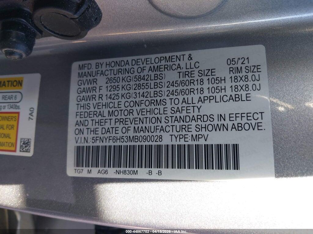 5FNYF6H53MB090028 2021 HONDA PILOT photo no. 9