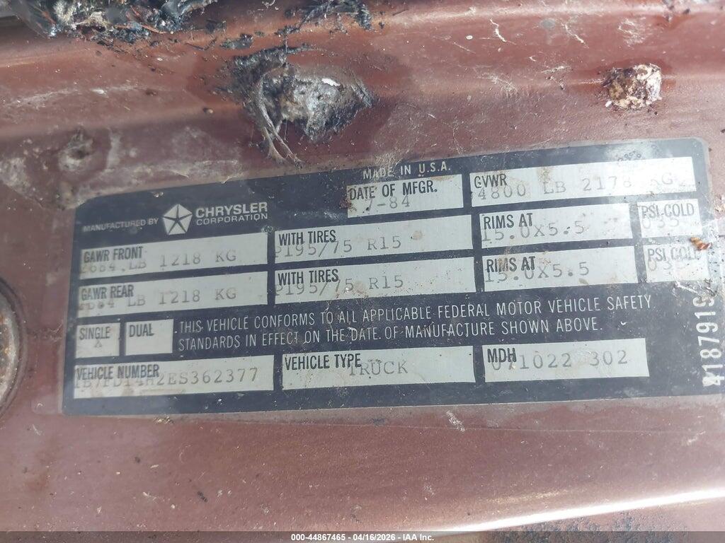 1B7FD14H2ES362377 1984 DODGE D-SERIES photo no. 9