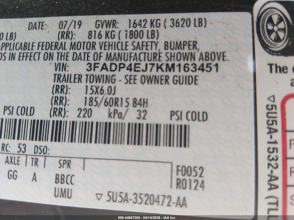 3FADP4EJ7KM163451 2019 FORD FIESTA photo no. 9
