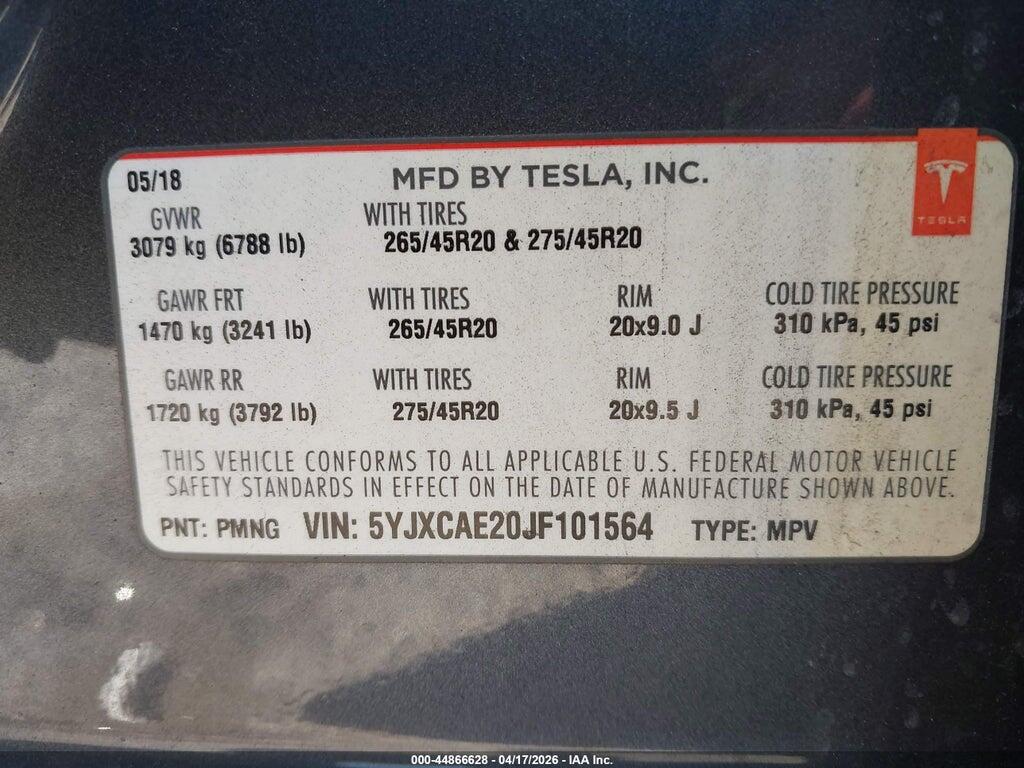 5YJXCAE20JF101564 2018 TESLA MODEL X photo no. 9