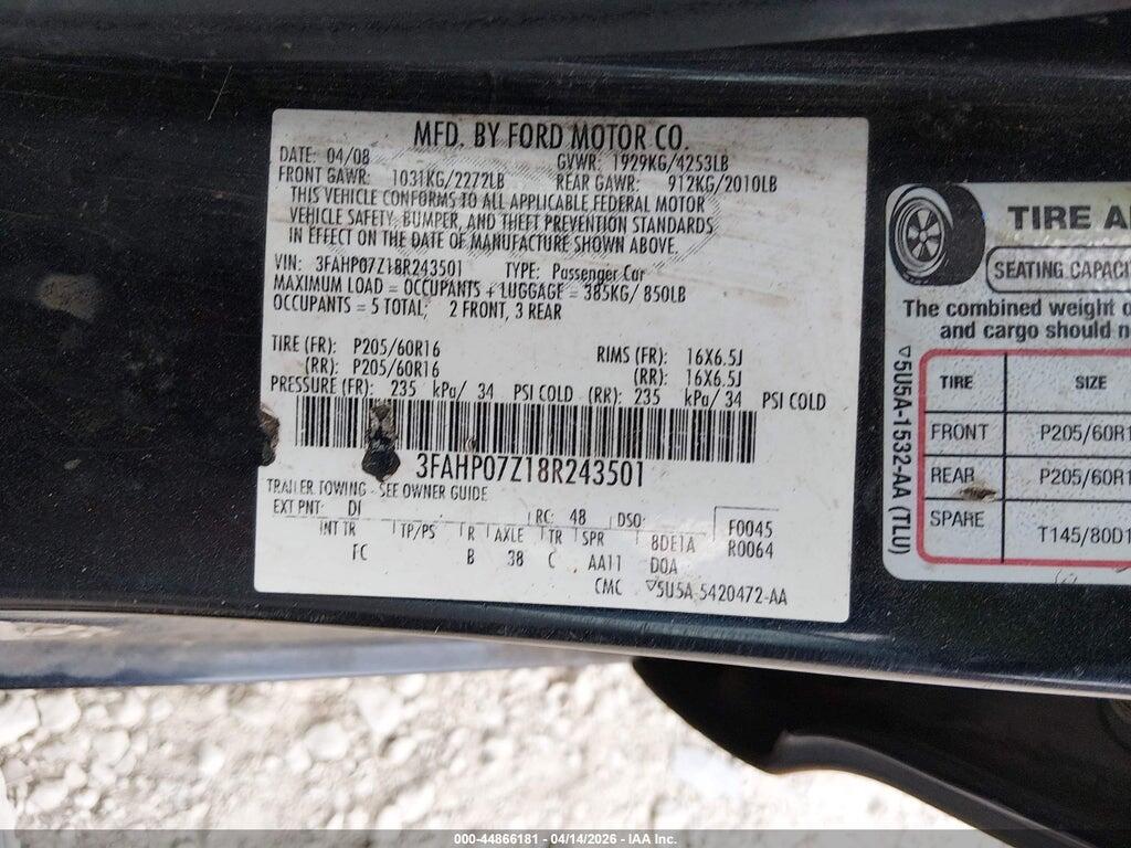 3FAHP07Z18R243501 2008 FORD FUSION photo no. 9