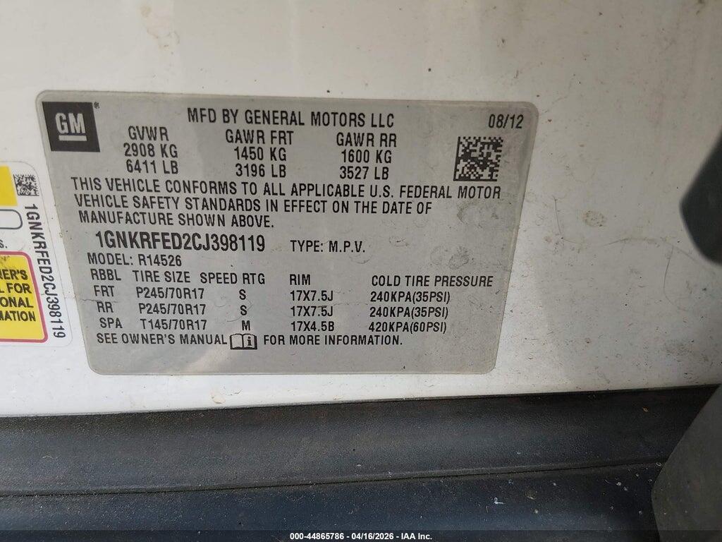 1GNKRFED2CJ398119 2012 CHEVROLET TRAVERSE photo no. 9