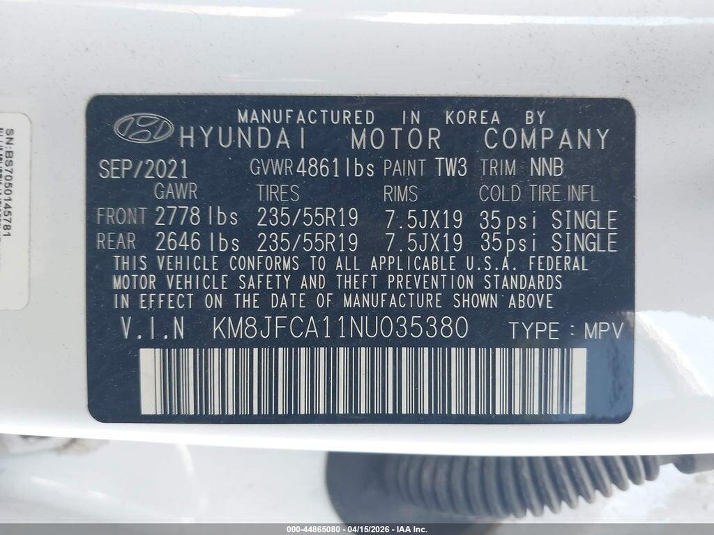 KM8JFCA11NU035380 2022 HYUNDAI TUCSON HYBRID photo no. 9