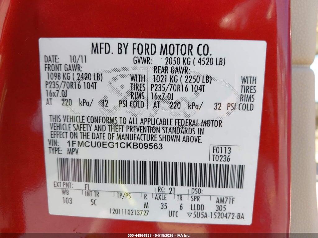 1FMCU0EG1CKB09563 2012 FORD ESCAPE photo no. 9
