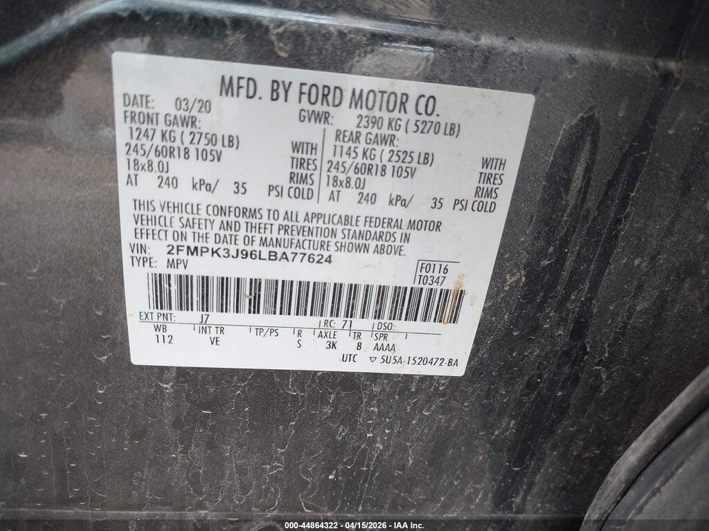 2FMPK3J96LBA77624 2020 FORD EDGE photo no. 9