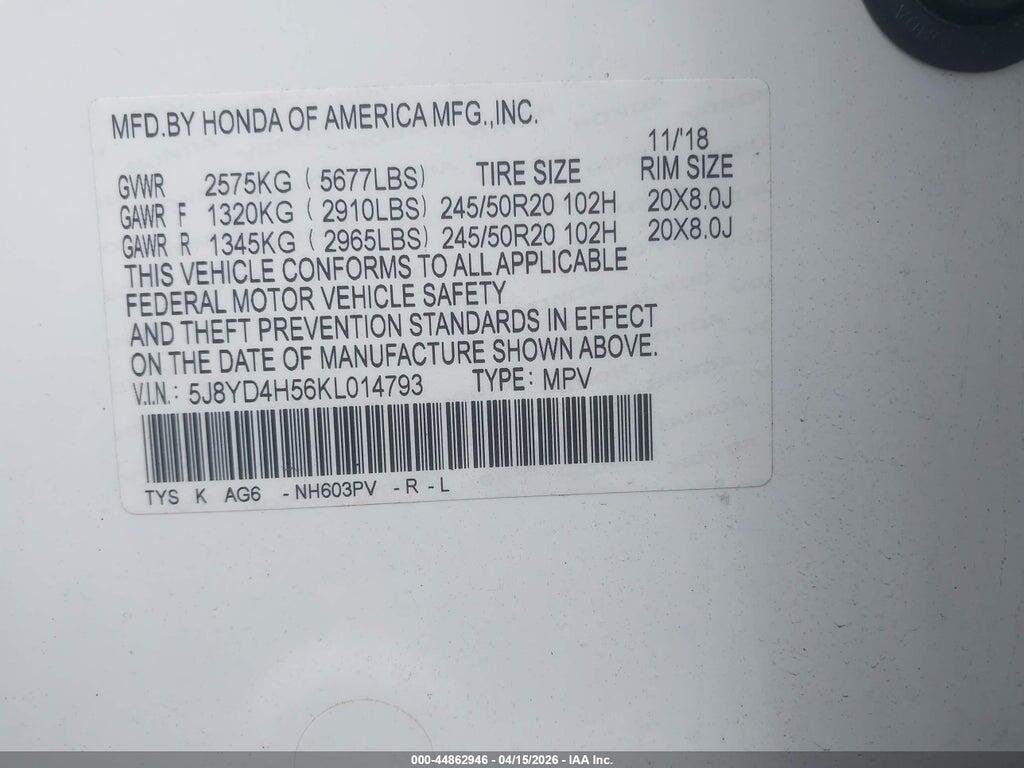 5J8YD4H56KL014793 2019 ACURA MDX photo no. 9