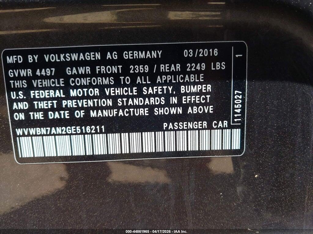 WVWBN7AN2GE516211 2016 VOLKSWAGEN CC photo no. 9
