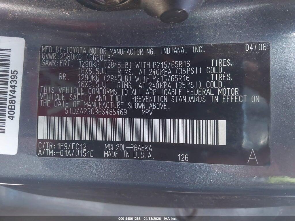 5TDZA23C36S485469 2006 TOYOTA SIENNA photo no. 9