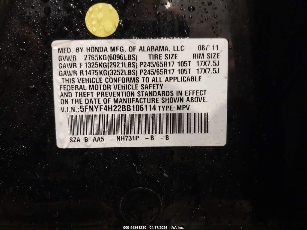 5FNYF4H22BB106114 2011 HONDA PILOT photo no. 9
