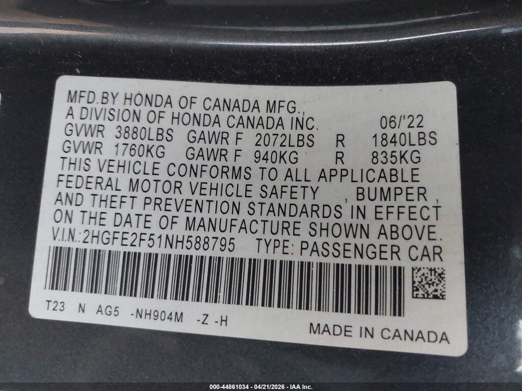 2HGFE2F51NH588795 2022 HONDA CIVIC photo no. 9