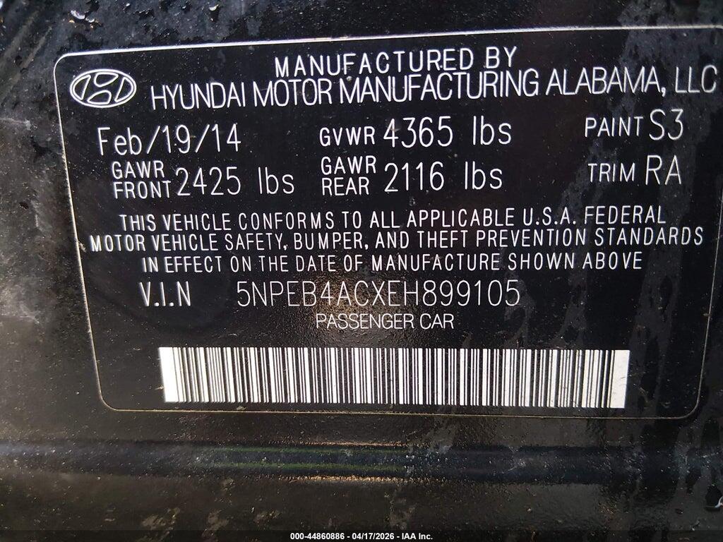 5NPEB4ACXEH899105 2014 HYUNDAI SONATA photo no. 9