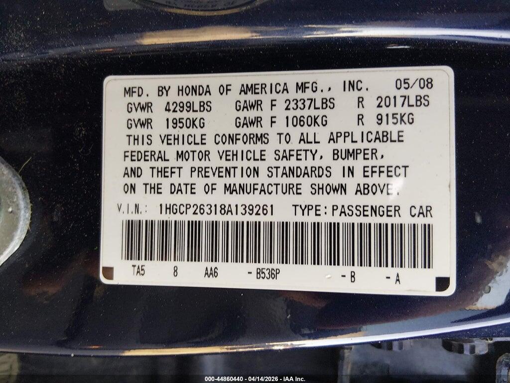 1HGCP26318A139261 2008 HONDA ACCORD photo no. 9