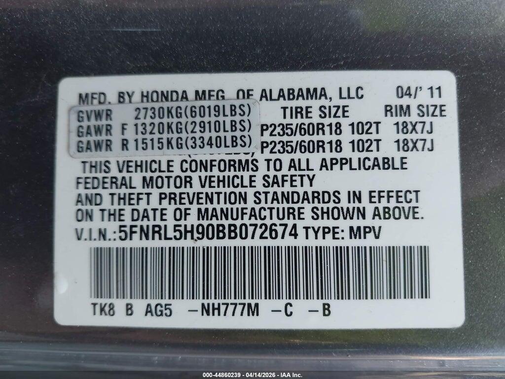 5FNRL5H90BB072674 2011 HONDA ODYSSEY photo no. 9