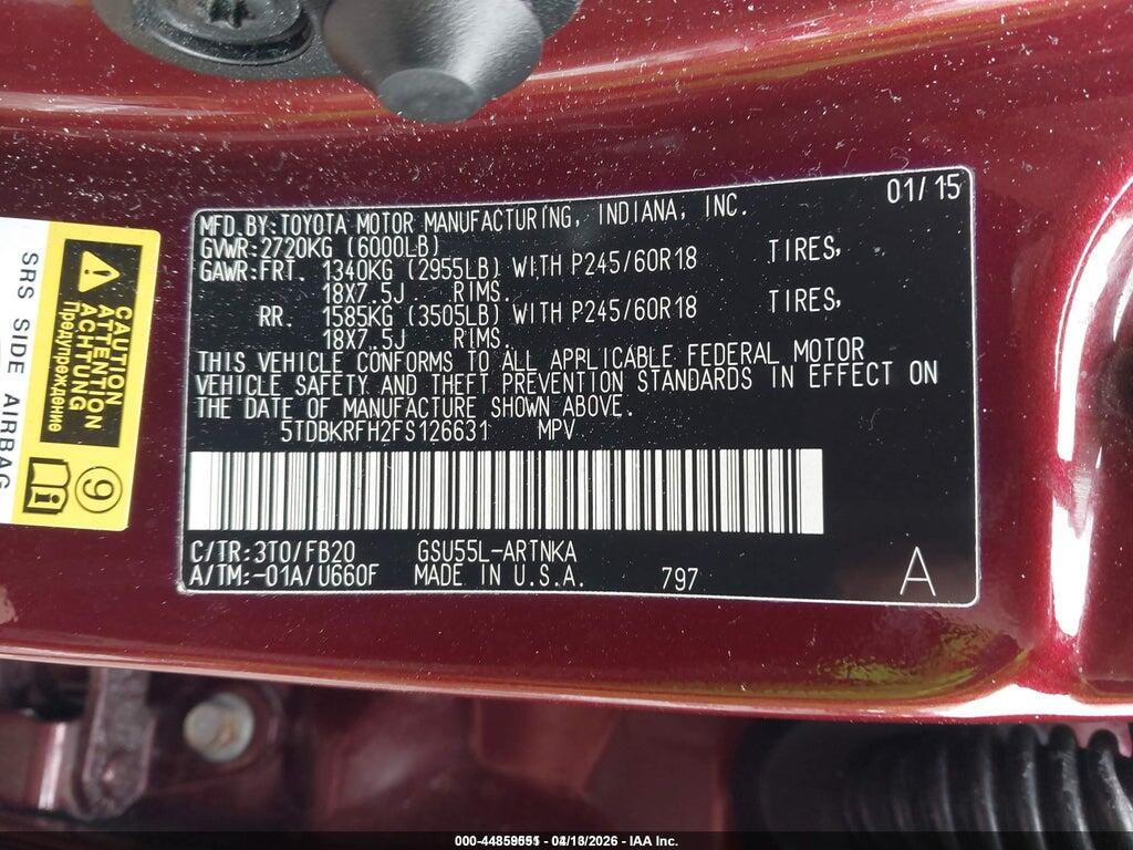 5TDBKRFH2FS126631 2015 TOYOTA HIGHLANDER photo no. 9