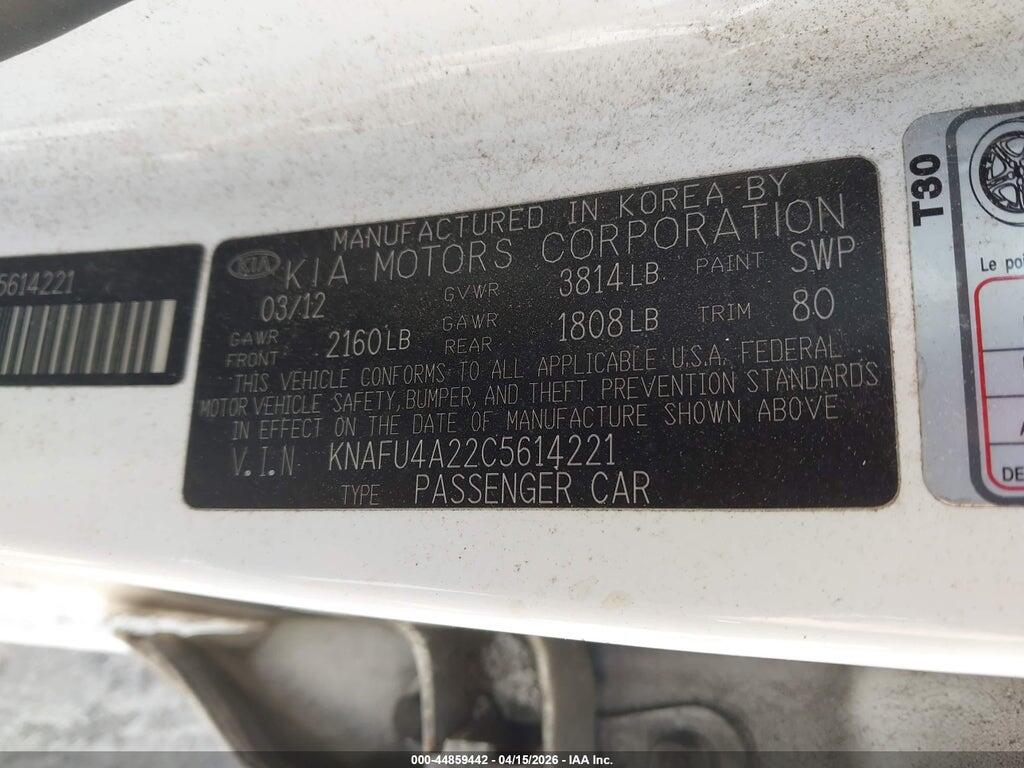 KNAFU4A22C5614221 2012 KIA FORTE photo no. 9