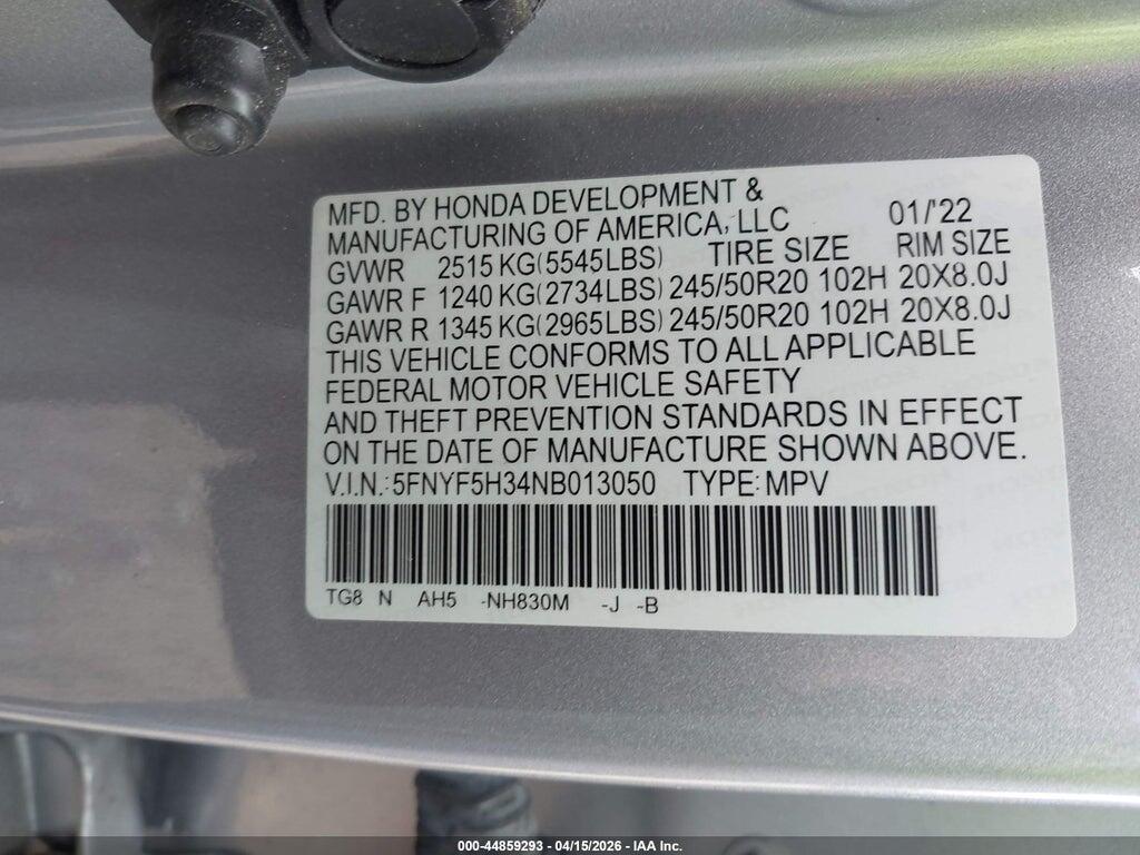 5FNYF5H34NB013050 2022 HONDA PILOT photo no. 9