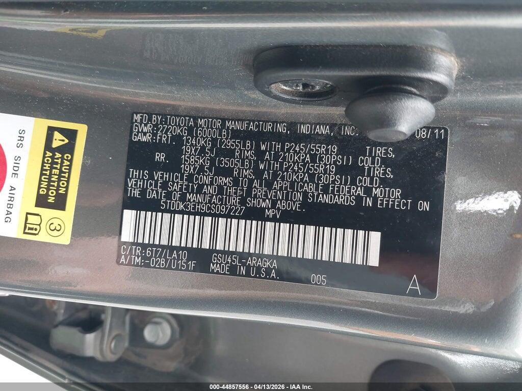 5TDDK3EH9CS097227 2012 TOYOTA HIGHLANDER photo no. 9