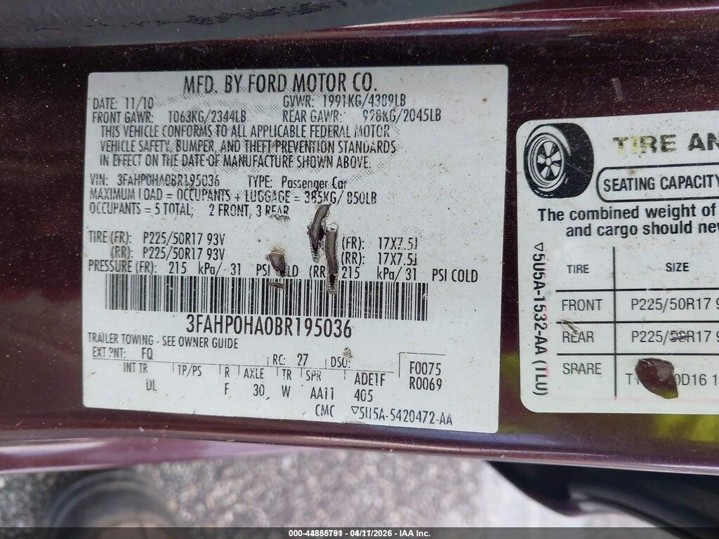 3FAHP0HA0BR195036 2011 FORD FUSION photo no. 9