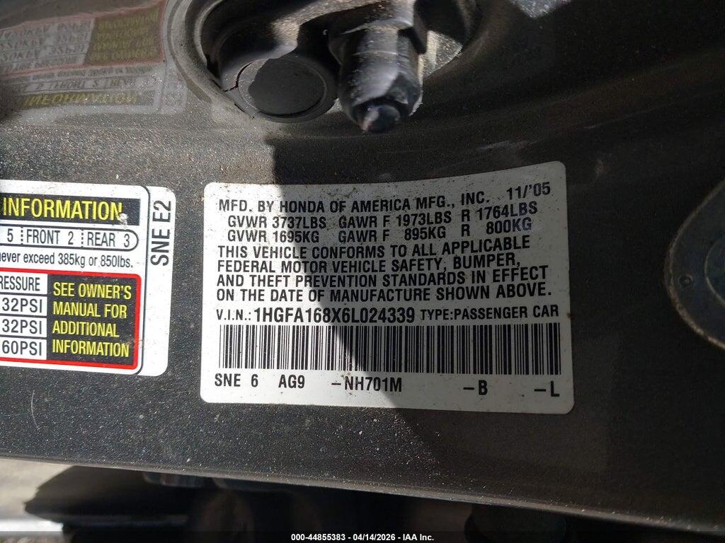 1HGFA168X6L024339 2006 HONDA CIVIC photo no. 9