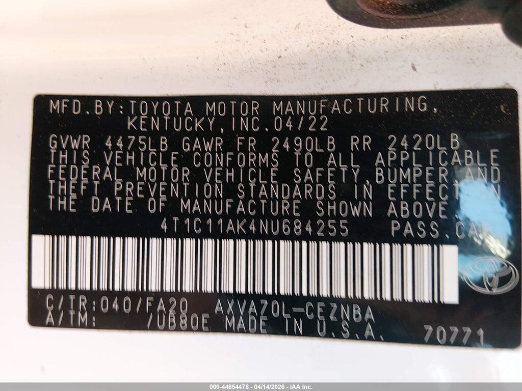 4T1C11AK4NU684255 2022 TOYOTA CAMRY photo no. 9